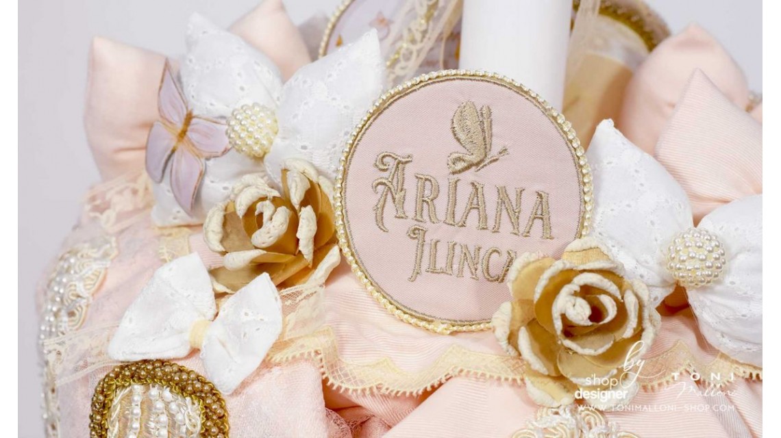 Lumanare botez cu fluturi si broderie personalizata gold 15